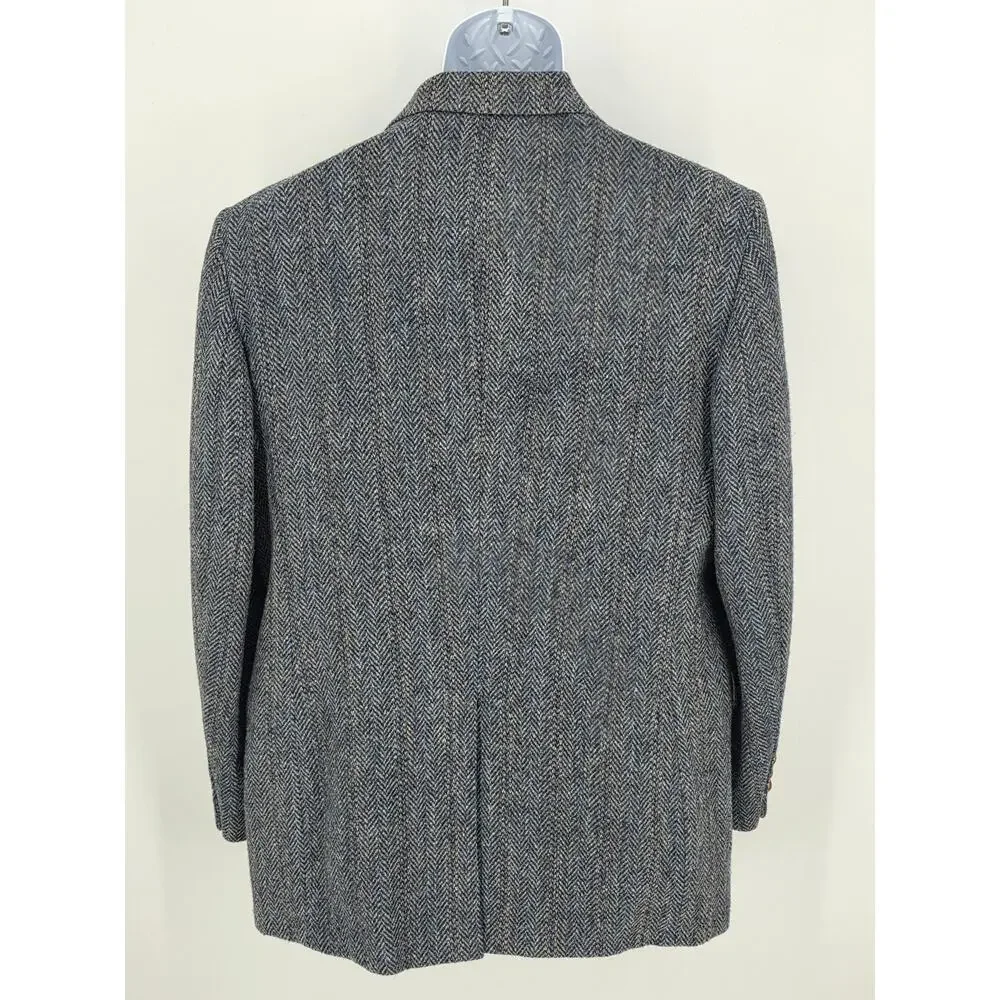 Stafford Harris Tweed Blazer 42R Blue Gray Herringbone Duck Lining Vintage USA